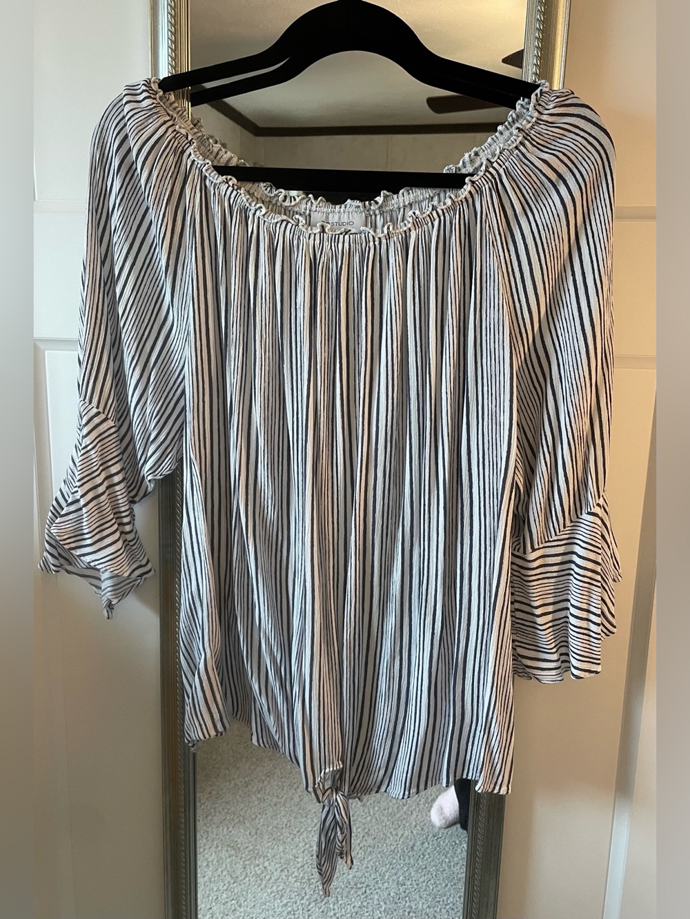 AB Studio Navy & White Striped Off-Shoulder Tie-Hem Blouse
